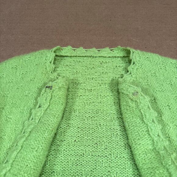 Vintage Lime Green Knit Cardigan Sweater Scalloped Edge Open Front Women’s M - Picture 4 of 8